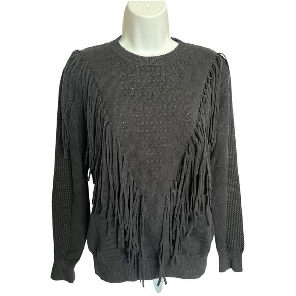 Chouyatou Sweater Fringe Black Patterned Knit Pullover Crew Neck Medium NWT - Picture 1 of 5